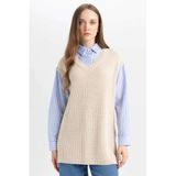 DeFacto Regular Fit V Yaka Triko Tunik, S, D1243AX24WN, Bej-BG646, Kadın