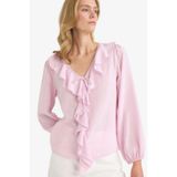 Defacto Regular Fit V Yaka Volanlı Pamuklu Uzun Kollu Bluz F9336ax25aupn96 Pembe