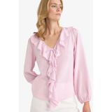 DeFacto Regular Fit V Yaka Volanlı Pamuklu Uzun Kollu Bluz, L, F9336AX25AUPN96-218052, Açık Pembe, Kadın