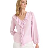 DeFacto Regular Fit V Yaka Volanlı Pamuklu Uzun Kollu Bluz, M, F9336AX25AUPN96-218052, Açık Pembe, Kadın
