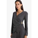 DeFacto Regular Fit Wrap Yaka Aksesuar Detaylı Uzun Kollu Bluz G8816AX26SP - Antrasit-AR138 - XL