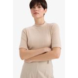 DeFacto Regular Fit Yarım Balıkçı Yaka Fitilli Kaşkorse Kısa Kollu Tişört, M, B1177AX25AU, Bej-BG115, Kadın