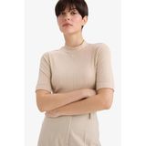 DeFacto Regular Fit Yarım Balıkçı Yaka Fitilli Kaşkorse Kısa Kollu Tişört, S, B1177AX25AU, Bej-BG115, Kadın