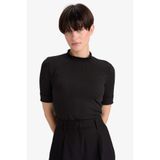 DeFacto Regular Fit Yarım Balıkçı Yaka Fitilli Kaşkorse Kısa Kollu Tişört, S, B1177AX25AU, Siyah, Kadın