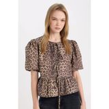 DeFacto Regular Fit Yuvarlak Yaka Leopar Desenli Önden Bağlamalı Poplin Kısa Kollu Bluz E2670ax24au