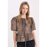 DeFacto Regular Fit Yuvarlak Yaka Leopar Desenli Önden Bağlamalı Poplin Kısa Kollu Bluz, XS, E2670AX24AU, Bej-BG280, Kadın