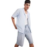 DeFacto Relax Fit Apaş Yaka Baskılı Dokuma Çizgili Kısa Kollu Gömlek, L, F5747AX25AU, Mavi-BE299, Erkek