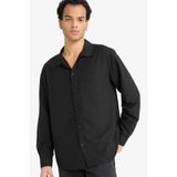 DeFacto Relax Fit Apaş Yaka Dokuma Uzun Kollu Gömlek, L, F6342AX25AU, Siyah-BK81, Erkek