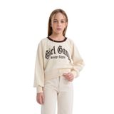 DeFacto Relax Fit Bisiklet Yaka Baskılı İçi Yumuşak Tüylü Sweatshirt Kız Çocuk, 11-12 Yaş, D7042A824WN, Bej-BG734, kız-çocuk