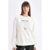 DeFacto Relax Fit Bisiklet Yaka Baskılı İnce Sweatshirt, M, D5290AX24AU, Ekru-ER105, kadın