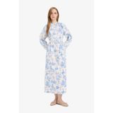 Defacto Relax Fit Bisiklet Yaka Çiçekli Poplin Bağcıklı Uzun Kollu Maxi Elbise F4554ax25hsbe751 Mavi