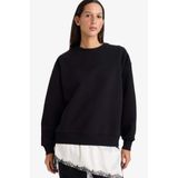 DeFacto Relax Fit Bisiklet Yaka Etek Ucu Dantel Detaylı Sweatshirt, M, G8595AX25CW, Siyah-BK81, kadın