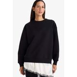 DeFacto Relax Fit Bisiklet Yaka Etek Ucu Dantel Detaylı Sweatshirt, XS, G8595AX25CW, Siyah-BK81, kadın