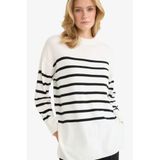 Defacto Relax Fit Çizgili Bisiklet Yaka Triko Kazak Tunik, Ekru, S