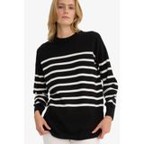 Defacto Relax Fit Çizgili Bisiklet Yaka Triko Kazak Tunik, Siyah, XS