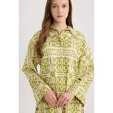 DeFacto Relax Fit Desenli Keten Karışımlı Uzun Kollu Tesettür Gömlek Tunik D8184AX25SP - 3XL - Yeşil-GN698