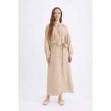 DeFacto Relax Fit Hakim Yaka Uzun Kollu Kuşaklı Maxi Tesettür Elbise D7322AX25SP - Bej-BG775 - 46