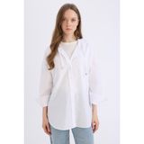 DeFacto Relax Fit Kapüşonlu Basıc Poplin Beyaz Tesettür Gömlek Tunik