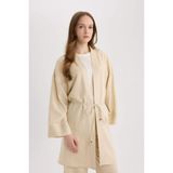 DeFacto Relax Fit Kuşaklı Keten Karışımlı Kimono D8182AX25SP - Bej-BG115 - Dropsuz - L - XL