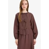 DeFacto Relax Fit Önden Bağlamalı Keten Uzun Kollu Tesettür Bluz, 2XL, E5352AX25SPBN566-218052, Açık Kahve, Kadın