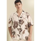 DeFacto Relax Fit Polo Yaka Baskılı Pamuklu Kısa Kollu Gömlek, L, E801GY119831, Ekru, Erkek