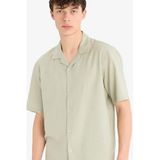 DeFacto Relax Fit Polo Yaka Keten Karışımlı Kısa Kollu Gömlek, 3XL, D9882AX25AU, Yeşil-GN497, Erkek