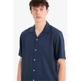 DeFacto Relax Fit Polo Yaka Keten Karışımlı Kısa Kollu Gömlek, S, D9882AX25AU, Lacivert-NV256, Erkek