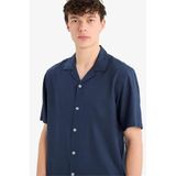 DeFacto Relax Fit Polo Yaka Keten Karışımlı Kısa Kollu Gömlek, XS, D9882AX25AU, Lacivert-NV256, Erkek
