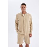 DeFacto Relax Fit Polo Yaka Keten Karışımlı Pamuklu Uzun Kollu Gömlek, S, C1106AX24SM, Bej-BG732, Erkek