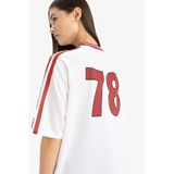 DeFacto Rolling Stones Oversize Geniş Kalıp V Yaka Sırt Baskılı Kısa Kollu Tişört, S, E6139AX25SMWT34-218052, Beyaz, Kadın