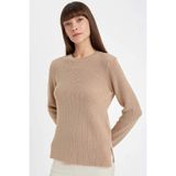 DeFacto Simli Kumaş Triko Kazak Bej, 2XL, D0405AX24WN, Bej-BG647, Kadın