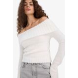 Defacto Slim Fit Açık Omuz Triko Kazak, S, C6301AX25CW, Ekru, Kadın