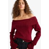 Defacto Slim Fit Açık Omuz Triko Kazak, Xl, E8345AX25WN, Bordo, Kadın