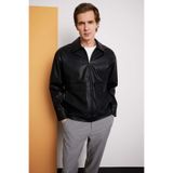 DeFacto Slim Fit Astarlı Fermuarlı Suni Deri Mont, L, Slim Fit Astarlı Fermuarlı Suni Deri Mont, Siyah-BK27, Erkek