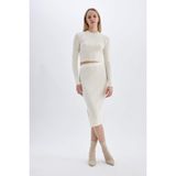 DeFacto Slim Fit Basıc Yırtmaçlı Triko Midi Etek, S, A2058AX24AU, Bej-BG303, Kadın