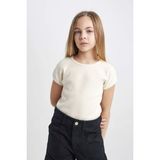 DeFacto Slim Fit Bisiklet Yaka Basıc Düz Fitilli Kaşkorse Kısa Kollu Tişört Kız Çocuk B3053A824SM - 7 - 8 Yaş - Ekru-ER134