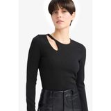 DeFacto Slim Fit Bisiklet Yaka Fitilli Kaşkorse Uzun Kollu Tişört, XS, D5114AX25AU, Siyah, Kadın