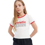 DeFacto Slim Fit Dar Kesim Bisiklet Yaka Baskılı Fitilli Kaşkorse Kısa Kollu Tişört Kız Çocuk, 7-8 Yaş, D8539A825SM, Ekru-ER851, Kız Çocuklar