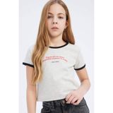DeFacto Slim Fit Dar Kesim Bisiklet Yaka Baskılı Fitilli Kaşkorse Kısa Kollu Tişört Kız Çocuk, 8-9 Yaş, D8539A825SM, Gri-GR379, Kız çocuk