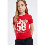 DeFacto Slim Fit Dar Kesim Bisiklet Yaka Baskılı Ribana Kısa Kollu Tişört Kız Çocuk E0366A825SM - Kırmızı-RD256 - 8 - 9 Yaş