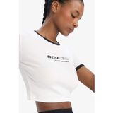 DeFacto Slim Fit Dar Kesim Bisiklet Yaka Baskılı Sporcu Ribana Kısa Kollu Tişört, XL, E4796AX25SP, Ekru-ER136, Kadın