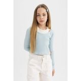 DeFacto Slim Fit Dar Kesim Bisiklet Yaka Fitilli Kaşkorse Uzun Kollu Tişört Kız Çocuk, 5-6 Yaş, B7388A824SP, Mavi-BE506, Kız çocuk