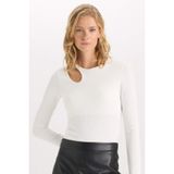DeFacto Slim Fit Dar Kesim Bisiklet Yaka Simli Kumaş Uzun Kollu Tişört, XS, D5114AX24AU, Ekru-ER105, Kadın