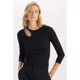DeFacto Slim Fit Dar Kesim Bisiklet Yaka Simli Kumaş Uzun Kollu Tişört, XS, D5114AX24AU, Siyah-BK81, Kadın