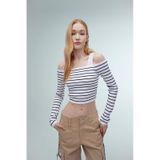 DeFacto Slim Fit Dar Kesim Çizgili Açık Omuz Triko Kazak B7573AX24SPNV31 Lacivert