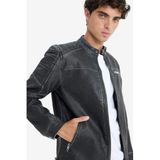 DeFacto Slim Fit Dar Kesim Dik Yaka Fermuarlı Biker Suni Deri Mont, S, Biker Suni Deri Mont, Siyah-BK27, Erkek