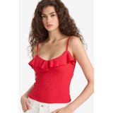 DeFacto Slim Fit Dar Kesim Fırfırlı Yaka Askılı Atlet, XS, F6330AX25HS, Kırmızı