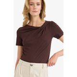 DeFacto Slim Fit Dar Kesim Kayık Yaka Kısa Kollu Bluz F8008AX25AU - Kahve-BN340 - XS
