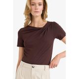 Defacto Slim Fit Dar Kesim Kayık Yaka Kısa Kollu Bluz F8008ax25aubn340 Kahve