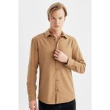 DeFacto Slim Fit Dar Kesim Pamuklu Basic Düz Uzun Kollu Gömlek, S, A4644AX24SP, Kahve-BN124, Erkek